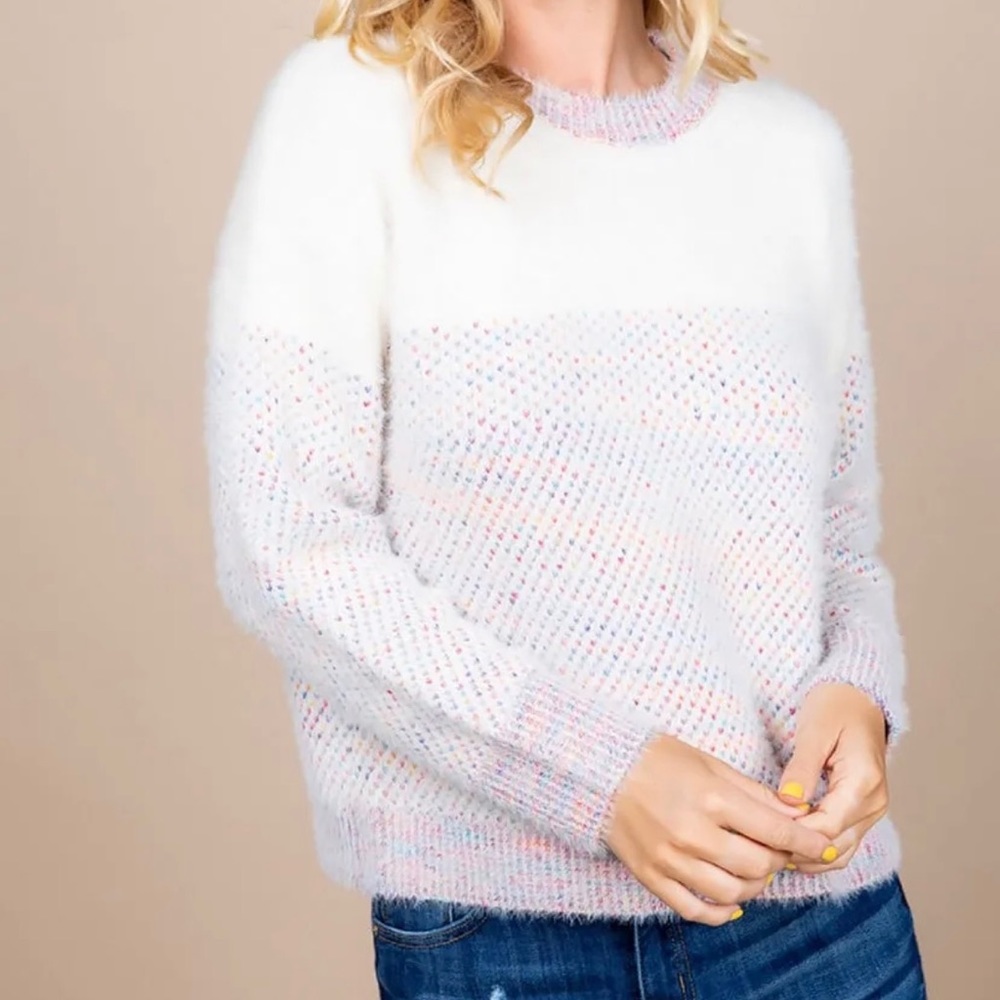 LOVED + ADORED Soft Fuzzy/Eyelash Pullover Crewneck Colorful Sweater Size Small